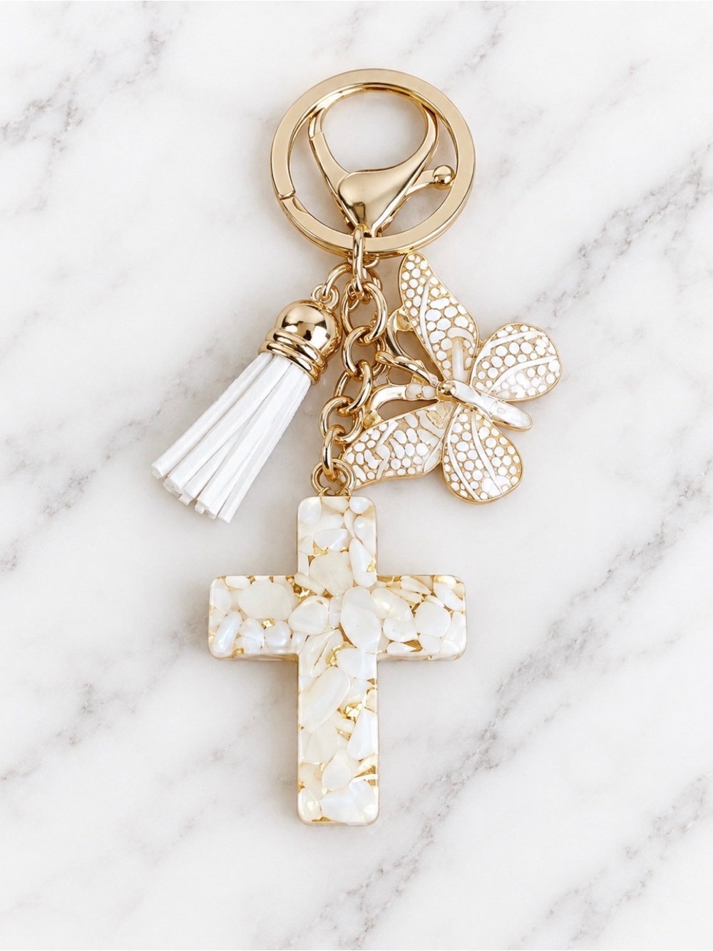 Bag Charm/Keyring-White Mosaic Cross Charm-Tassel:Butterfly Charm-Gold Hardware